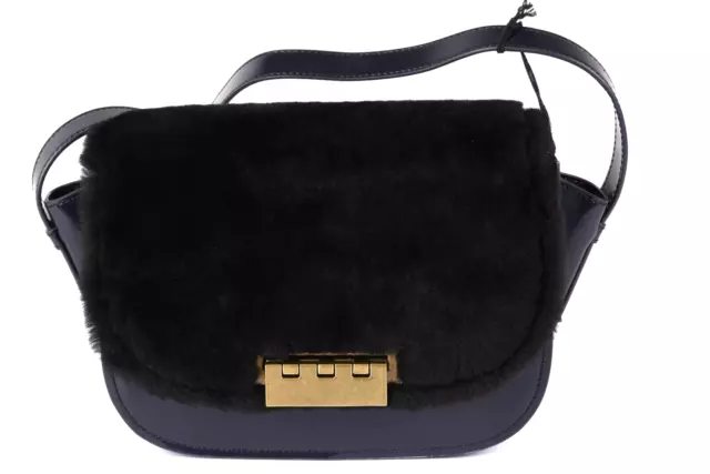 ZAC POSEN Eartha Accordian Black Fury Flap Navy Leather Crossbody Shoulder Bag