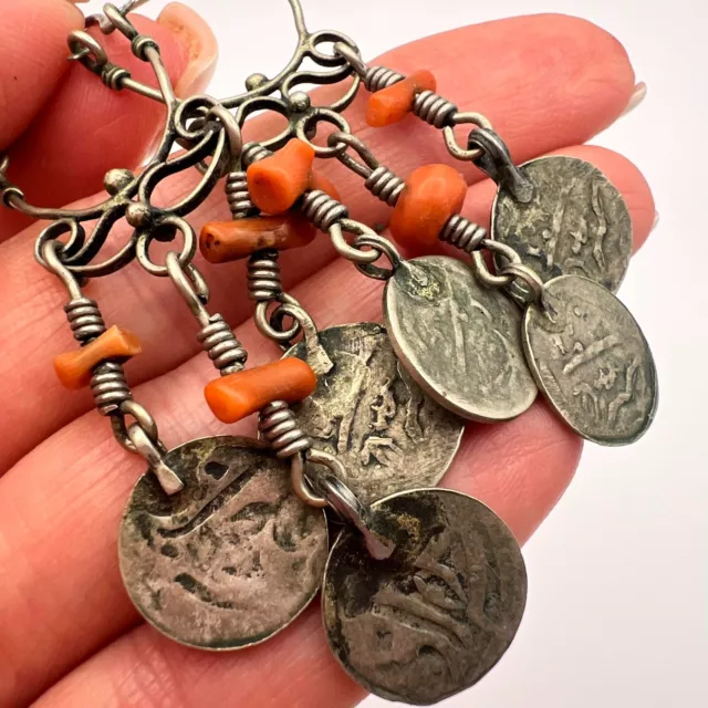 Antique Ethnic Bedouin Yemen Silver Brass Coins & Coral Handmade Earrings 10 gr 3