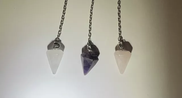 Wiccan Paranormal 3pc Crystal Spirit Pendulum set Rose Quartz Clear Amethyst