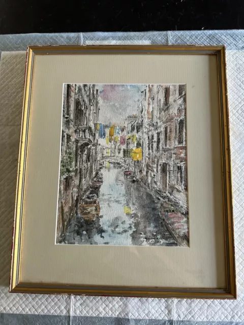 Vintage Venice Italy Canal Gondolas Original Watercolor Painting Fine Wood Frame
