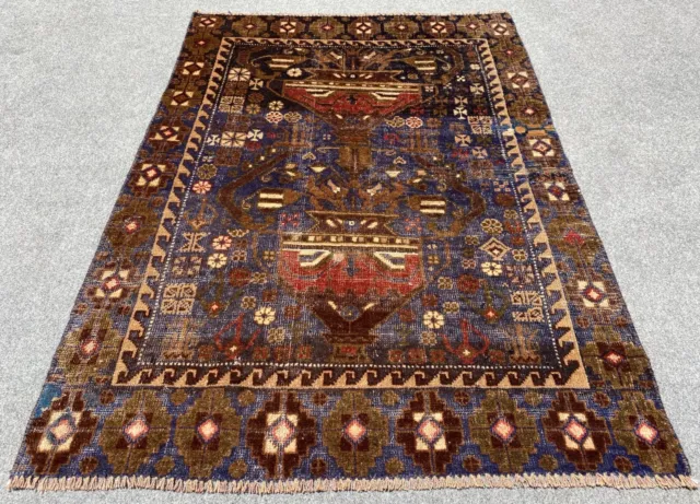 Distressed Hand Knotted Afghan Adras Khan Balouch Wool Area Rug 3.11 x 2.10 Ft