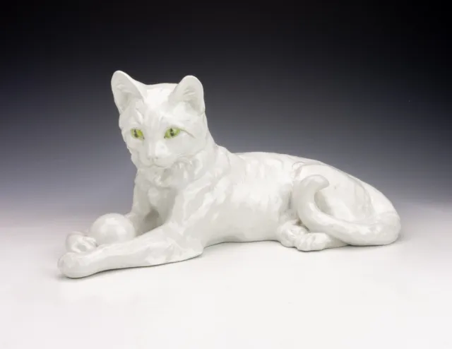 Antique Sitzendorf Dresden Porcelain - White Cat With A Ball Figurine