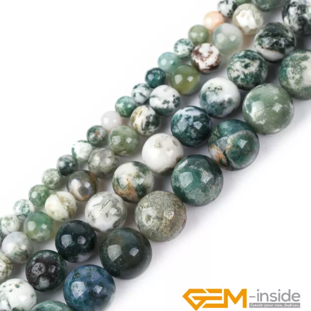Natural Green Tree Moss Agate Gemstone Round Loose Beads For Jewelry Making 15"