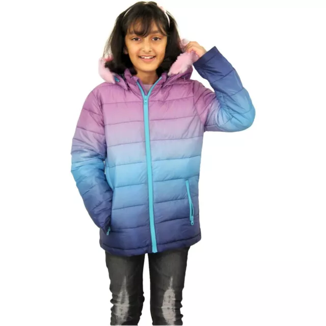 Kids Girls Jackets Baby Pink Faux Fur Hooded Puffer Two Tone Warm Coat 5-13 Yrs