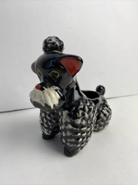 Vintage Poodle Schnauzer Dog Planter Ceramic Black And White MCM Curly Haired