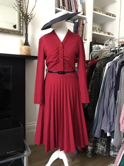 1970s Vintage Deep Red Skater Dress With Pleated Skirt UK 6-8