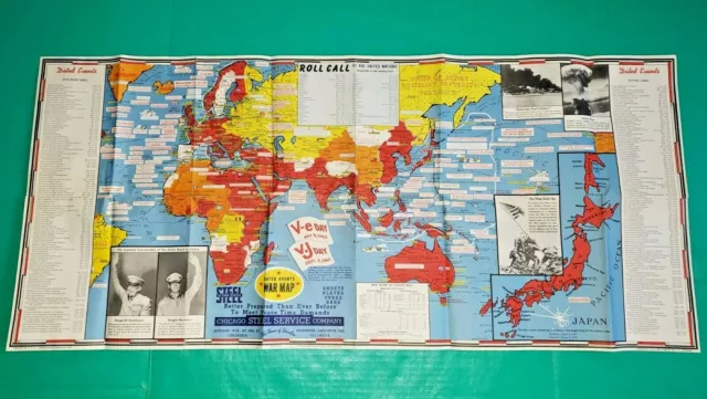 WWII War Map Dated Events V-e DAY May 8,1945 V.J DAY Sept 2,1945 World War 2