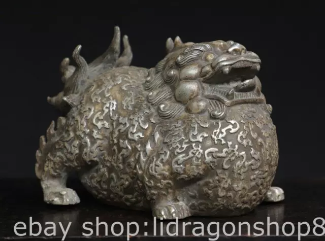 5.6" Old Chinese Copper Silver Feng Shui Auspicious beast Statue Sculpture