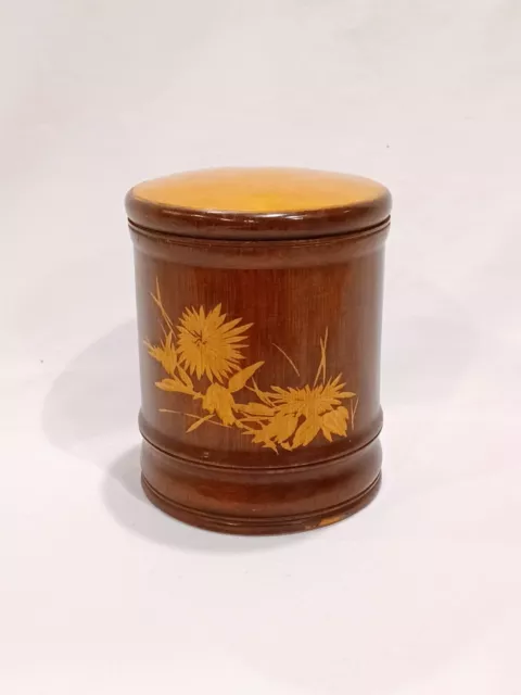 Vintage cylindrical turned bamboo tea caddy box carved with flowers