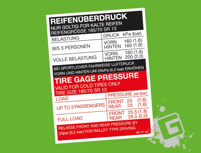 OPEL Manta B Kadett C Reifenüberdruck Reifendruck Aufkleber 185/70 SR 13