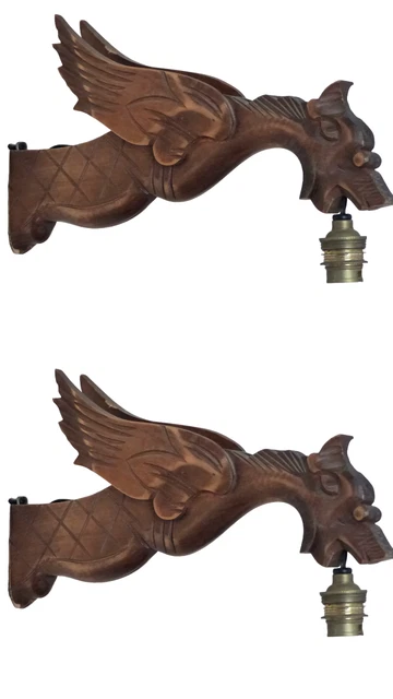 Pair Vintage French Carved Wood Gothic Chimera Wall Light Sconce Gargoye #1