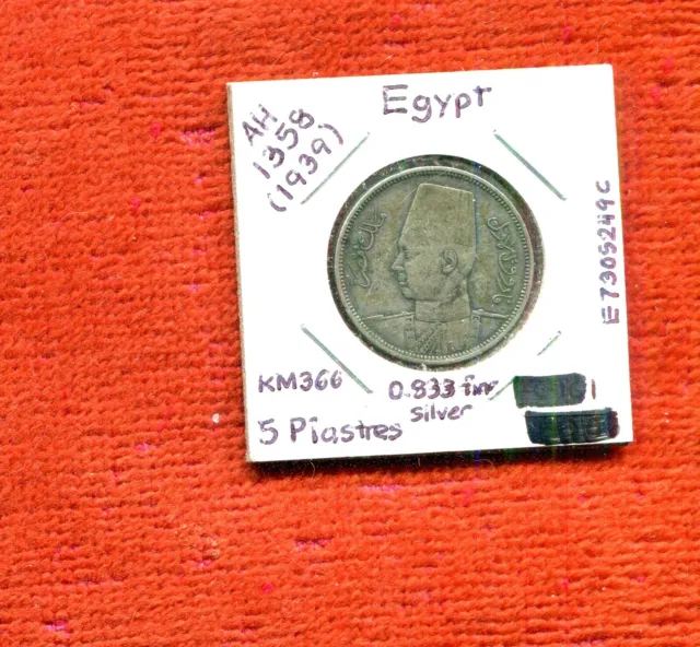 Egypt 1939 5 Piastres Vf Km 366 Silver Nr 14.50