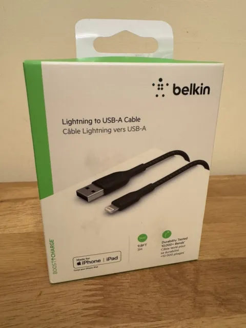 Belkin 3M  Braided Lightning to USB-A Charging Cable - Black, MFI Certified.
