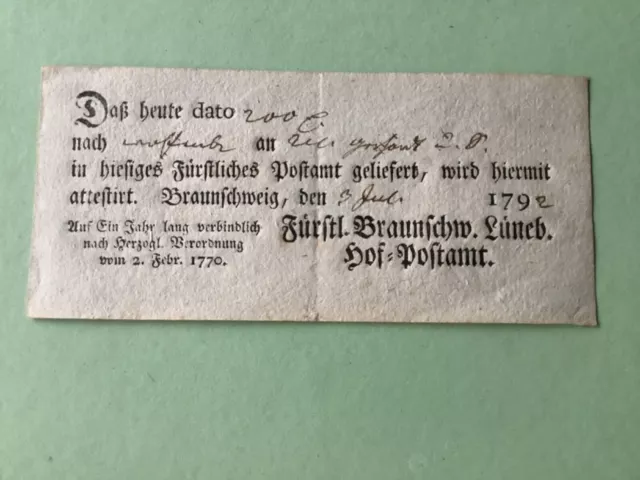 Braunschweig 1792 Prephilately postal note receipt Ref A1482
