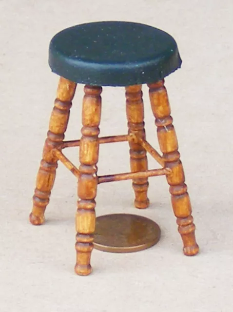 Large Stained Wood Stool With A Green Covered Seat Tumdee 1:12 Scale Dolls House
