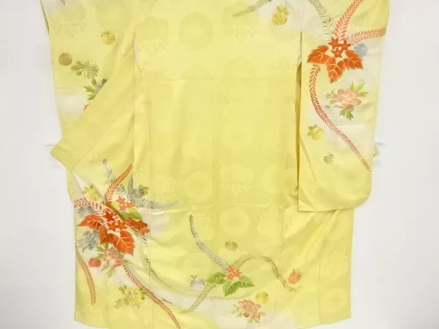 82923# Japanese Kimono / Antique Furisode / Embroidery / Paulownia & Kiku