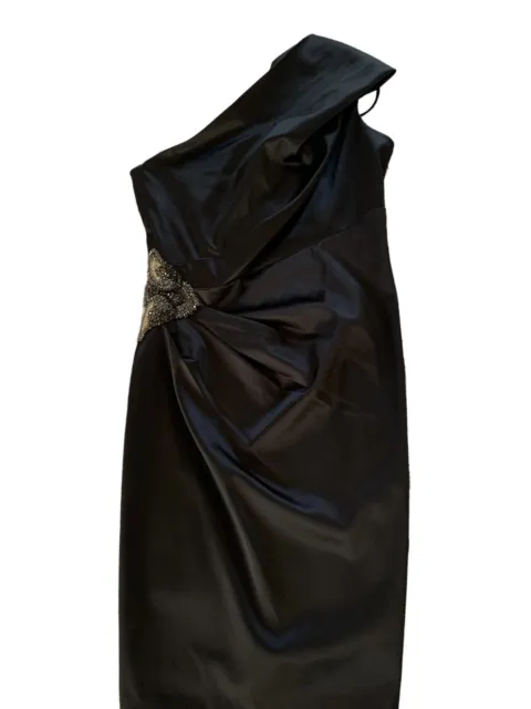 Eliza J Black One Shoulder Dress Beaded Rhinestone Bat Appliqué Sz 14 Glam Party