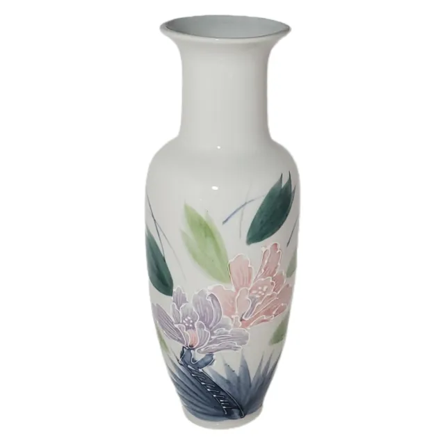 Vintage Hand Painted Japanese Vase Floral Relief Raised Flowers Leaves 10.5 Tall
