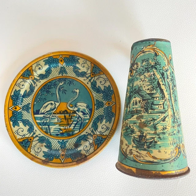 Ancienne Dinette En Tôle Lithographiée - Début 1900 - Style Art Nouveau Japonisant - 4 Pièces