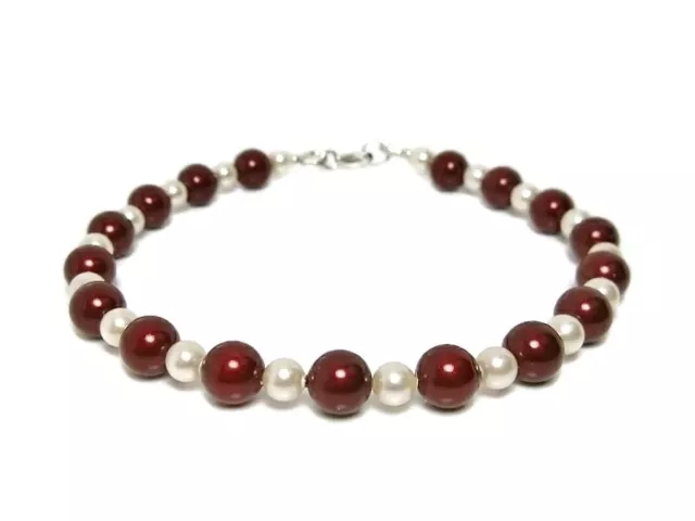 Burgundy & Ivory Swarovski Pearls & Sterling Silver Handmade Wedding Bracelet