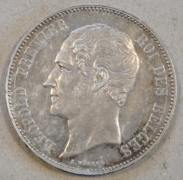 Belgium 1850 Five Francs Dot above Date KM-17 AU-UNC Silver Crown