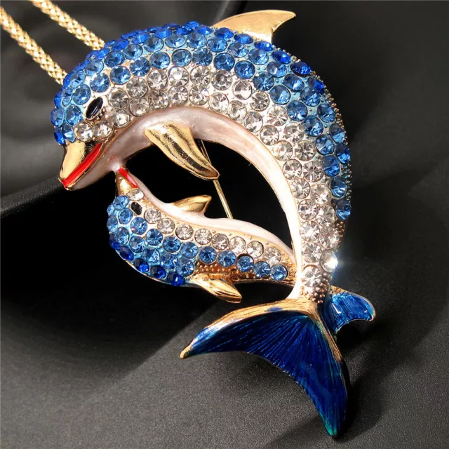 Fashion Women Blue Rhinestone Bling Dolphin Mother Animal Chain Necklace