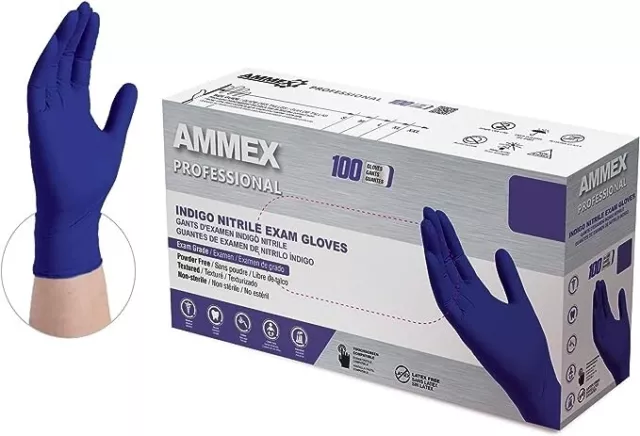 Ammex Indigo Nitrile Exam Gloves, Latex & Powder Free, Size Medium (Bx of 100)