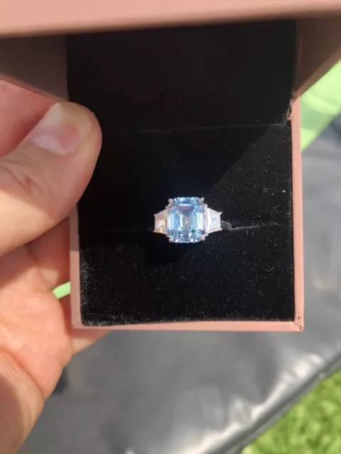 New Solid 10k white gold aquamarine Lab Grown Sapphire emerald cut ring