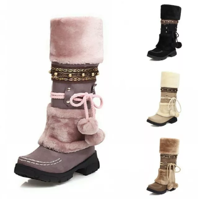 NEW WOMEN'S GIRLS Warm Faux Fur Pom Pom Winter Snow Mid Calf Boots ...