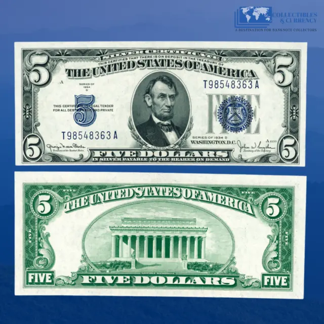 1934D $5 Five Dollars Bill Silver Certificates Blue Seal, T/A Block, CU #48363