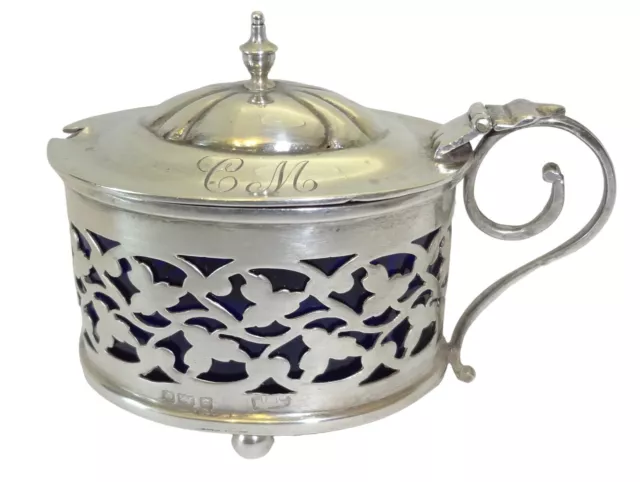 1902 Birmingham Sterling Silver Pierced Mustard Pot w/ Cobalt Blue Glass Liner