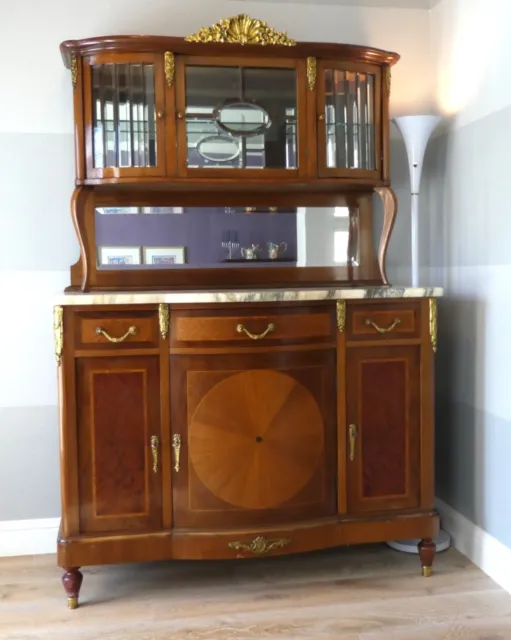 French Art Deco Sideboard With Display Case, Marquetry, & Ormolu Accents