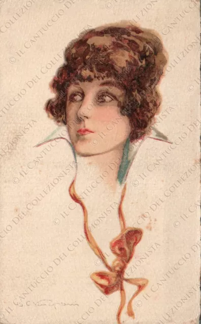 1917 Donnina con fiocco Vintage Fashion Glamour Lady Cartolina illustrata
