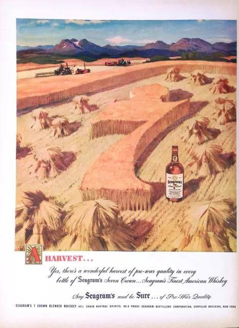 Vintage Print Ad 1947 Seagram's 7 Crown Blended Whiskey Farm Harvest Tractors