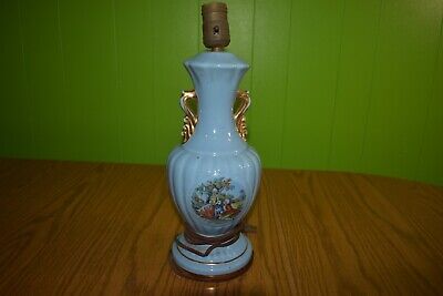 Vintage Victorian Style Floral Scene Painted Ceramic Table Lamp Light Blue