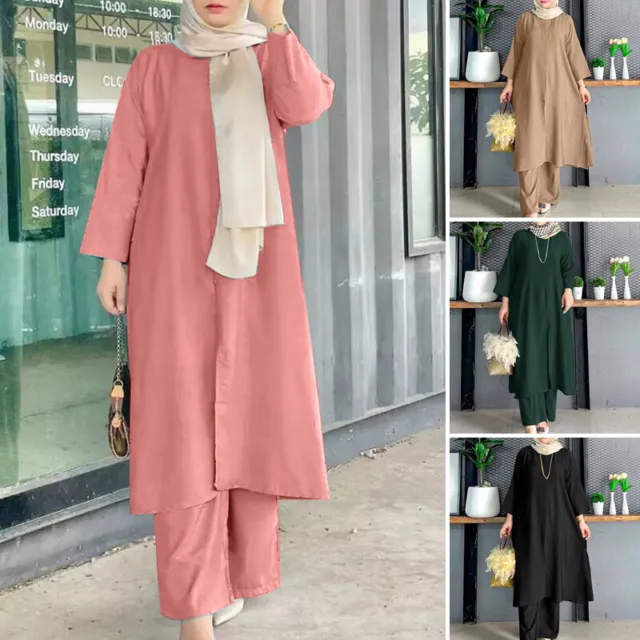 ZANZEA Women Muslim Dubai Plain Outfit Long Sleeve Split Hem Tops Pants Arab Set