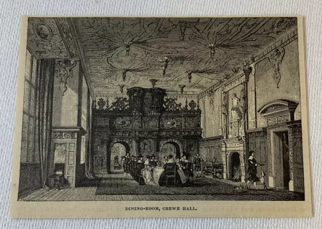 1877 magazine engraving~ DINING ROOM, CREWE HALL Cheshire, England