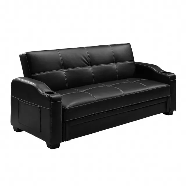 Black Faux Leather 3 Seater Sofa Bed with Magazine Pocket Cup Holder Recliner