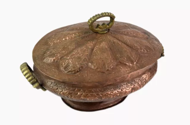 Dining Table Decor Copper Kashmiri Rice Bowl With Lid & Brass Handles G66-1227