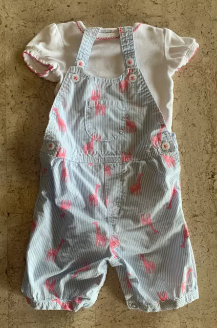 Baby Girl Carter's 18 Month Blue White Striped Pink Giraffes 2pc Overalls Outfit