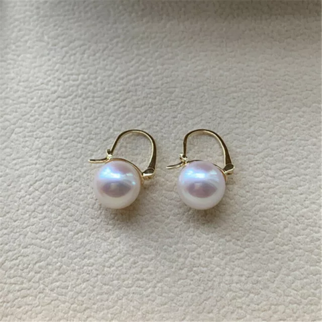 Gorgeous AAA++ 9-10mm Real natural Akoya white round pearl earrings 18k Gold
