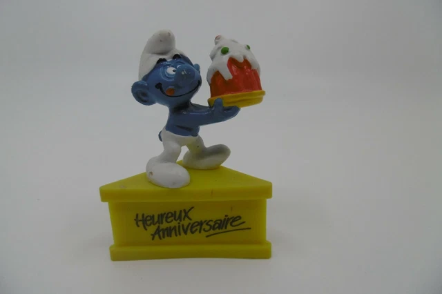Figurine Schtroumpf Schleich 1980, Sur Socle, Avec 'ma Flamme De Vie' Bon Anniversaire