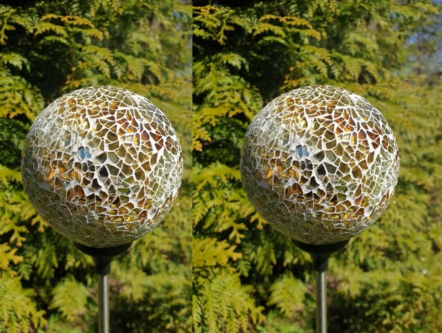 2x LED Solar Kugel Mosaik-Stecker 79cm Gartenstecker Glas Edelstahl Garten Deko