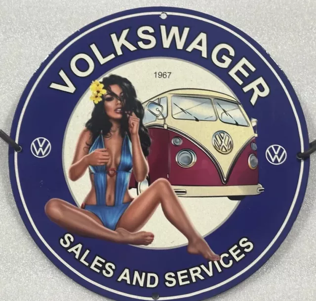 Rare Volkswager Sales And Service Oil & Gas Garage Pinup Porcelain Enamel Sign.