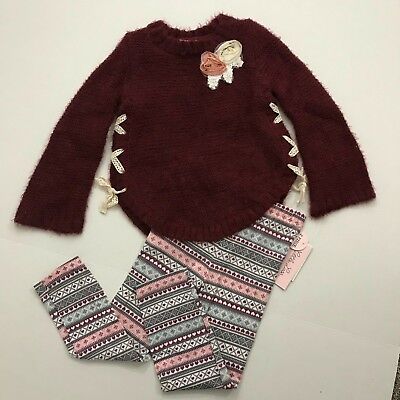 Little Lass NWT Size 5 Rose Sweater Lace Up Print Leggings Outfit Heart Pink