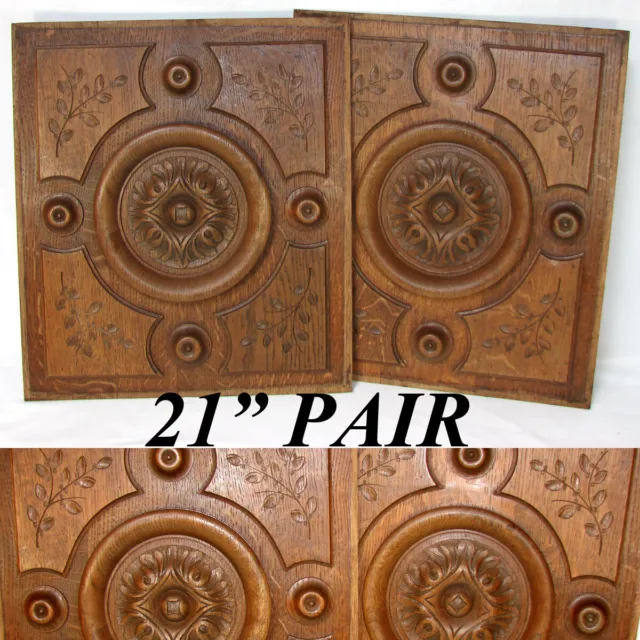 Antique Victorian Carved Oak 21" Furniture or Cabinet Door Panel PAIR, Plaque