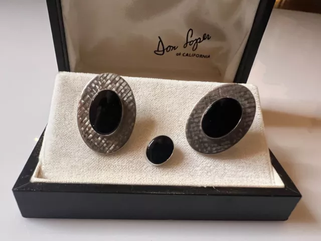 AMAZING 1950s Vintage Silver & Black Onyx Stone Cufflinks & Tie Pin by DON LOPER