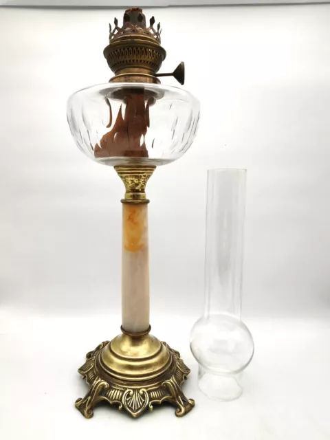Lampe à Pétrole Antique Toupie en Cristal sur colonne onyx pied en Bronze 65 cm