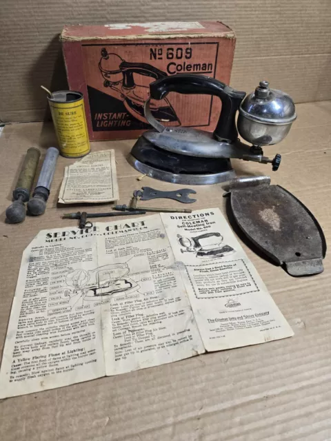 Antique Coleman Instant Light Iron No. 609 w/ Accessories, Trivet & Original box