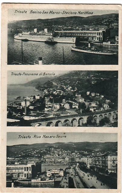 TRIESTE - 3 vedute: Bacino, Stazione, Panorama, Riva N. Sauro - Viaggiata 1941